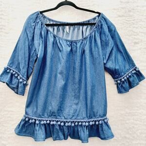 Blouse Size L Pom Trim Cottagecore Boho Soft Girl Chambray Peasant Prairie Y2K